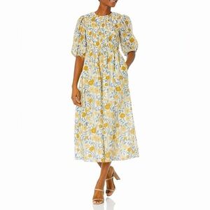 rebecca taylor fleur silk midi dress Rebecca Taylor Fleur Satin Midi Dress Blue Floral Silk Flutter Sleeve  Blouson 2